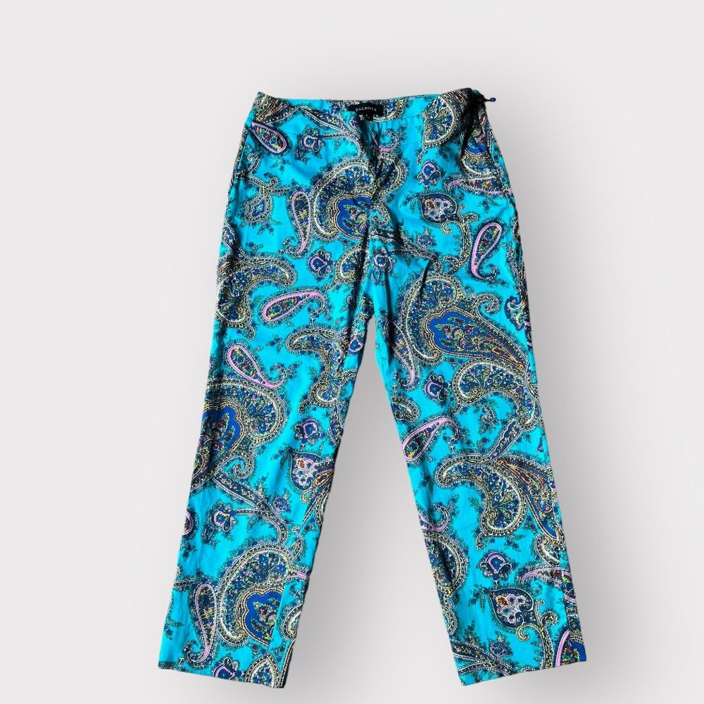 Talbots size 4 Turquoise Blue Paisley Flat Front Crop Pants - Picture 3 of 10
